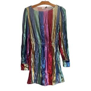 Rixo London Ava Sequin Dress Rainbow Multi Stripe Mini Long Sleeve Pride Size L